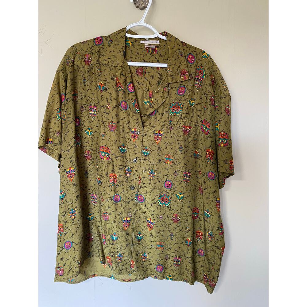 Anne Pinkerton Made in Japan Vintage High Low Olive Tribal Mask Print L